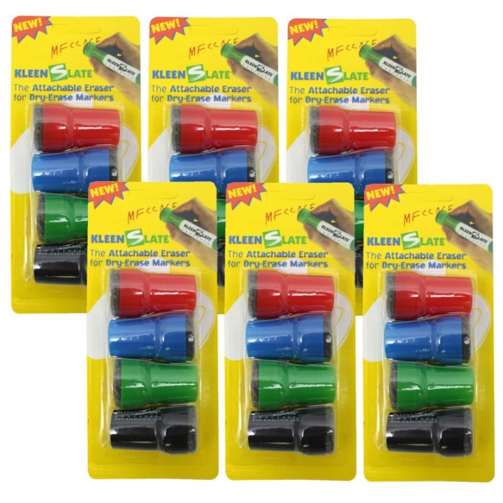 KleenSlate® Large Barrel Attachable Eraser Caps for Dry Erase Markers, 4 Per Pack, 6 Packs
