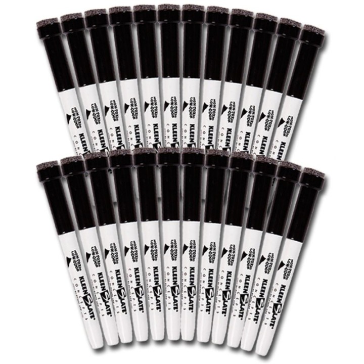 KleenSlate® Dry Erase Student Markers with Erasers, Fine Point, Black, Pack of 24