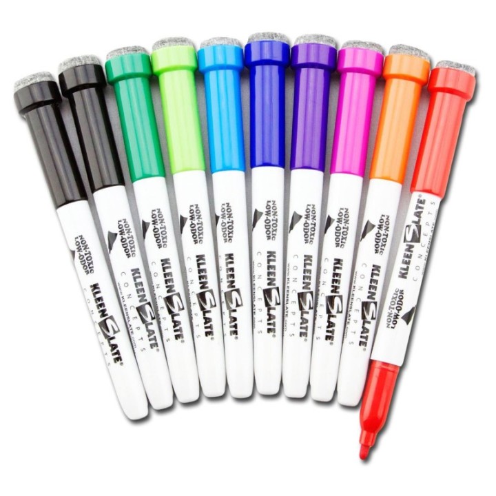 KleenSlate® Dry Erase Student Markers with Erasers, Fine Point, Assorted Colors, Pack of 10
