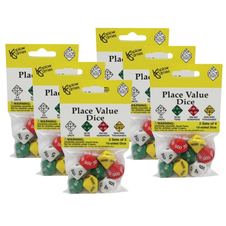 Koplow Games Place Value Dice, 2 Sets of 4 10-Sided Dice Per Pack, 6 Packs