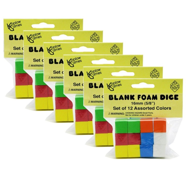 Koplow Games Assorted Color Blank 16mm Foam Dice, 12 Per Pack, 6 Packs