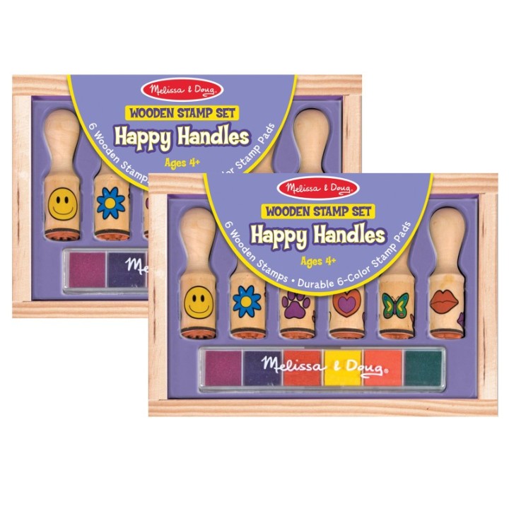 Melissa & Doug Happy Handle Wooden Stamp Set, 6 Stamps & Stamp Pad Per Set, 2 Sets