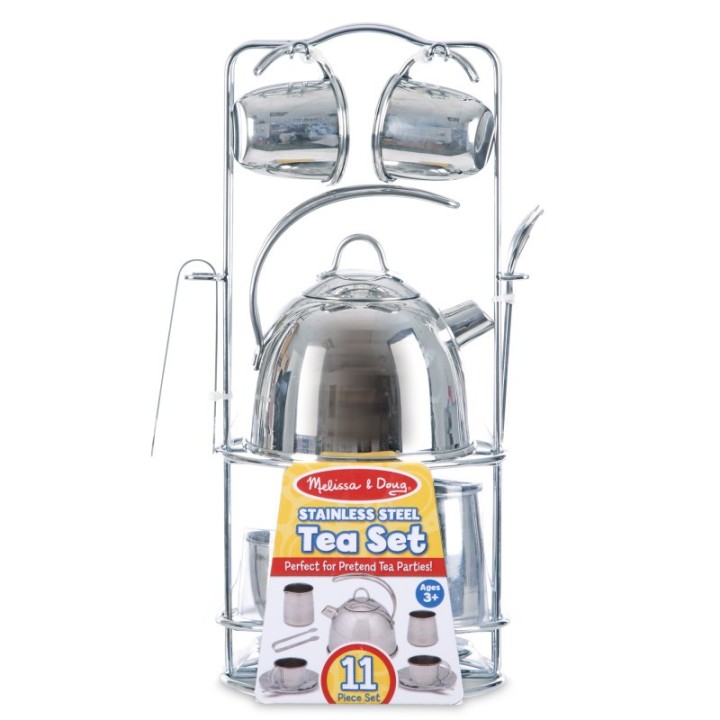 Melissa & Doug Stainless Steel Tea Set and Storage Stand, 11 Pieces