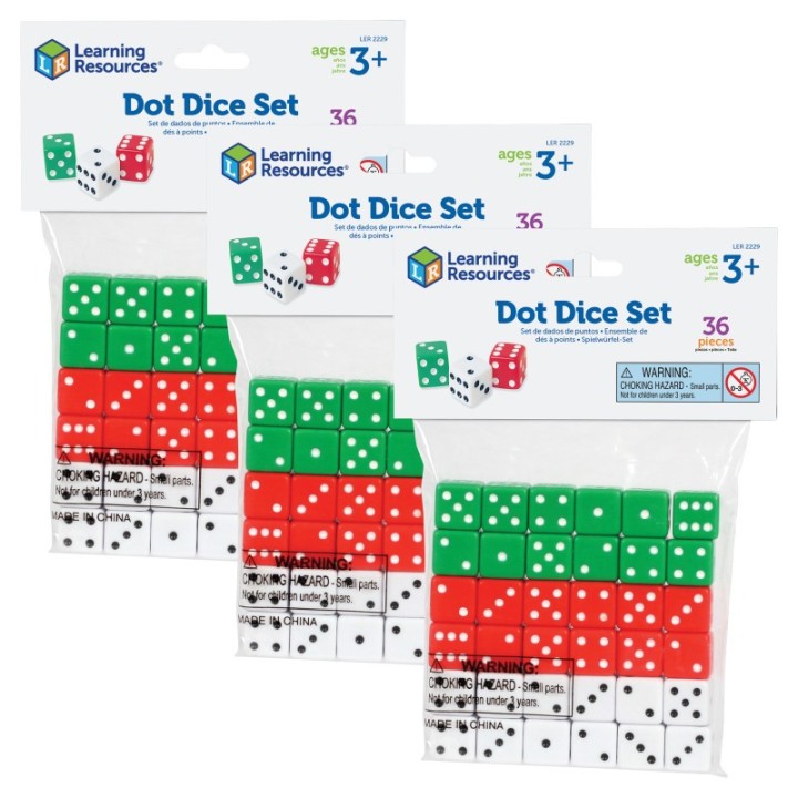 Learning Resources Dot Dice, Red, Green & White, 36 Per Pack, 3 Packs