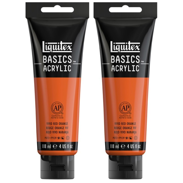 Liquitex BASICS Acrylic Paint, 118 mL Tube, Vivid Red Orange, Pack of 2