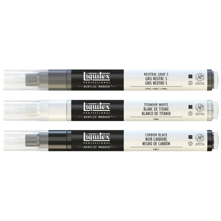 Liquitex Professional Acrylic Paint Markers, Monochrome Colors, 2 mm, Set of 3