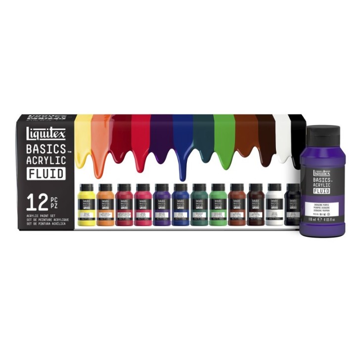 Liquitex BASICS Fluid Acrylic Paint, Basic Colors, 118 mL Bottles, Set of 12
