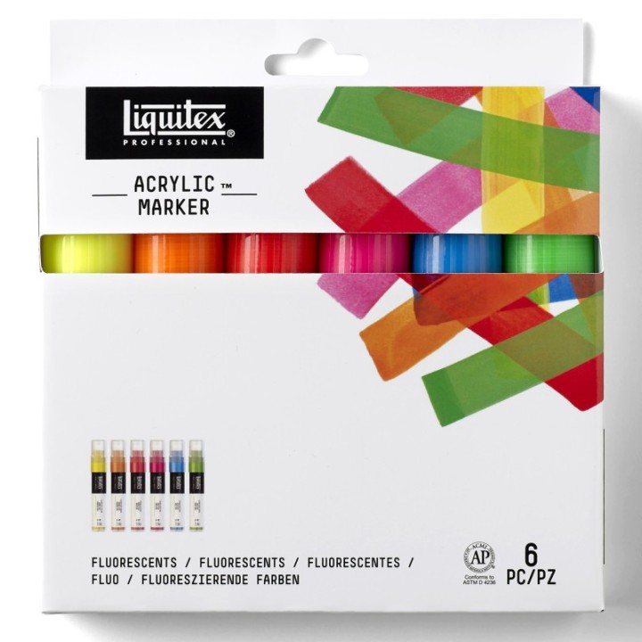 Liquitex Professional Acrylic Paint Marker, Wide Chisel Nib, 15 mm, Fluorescent Colors, Set of 6