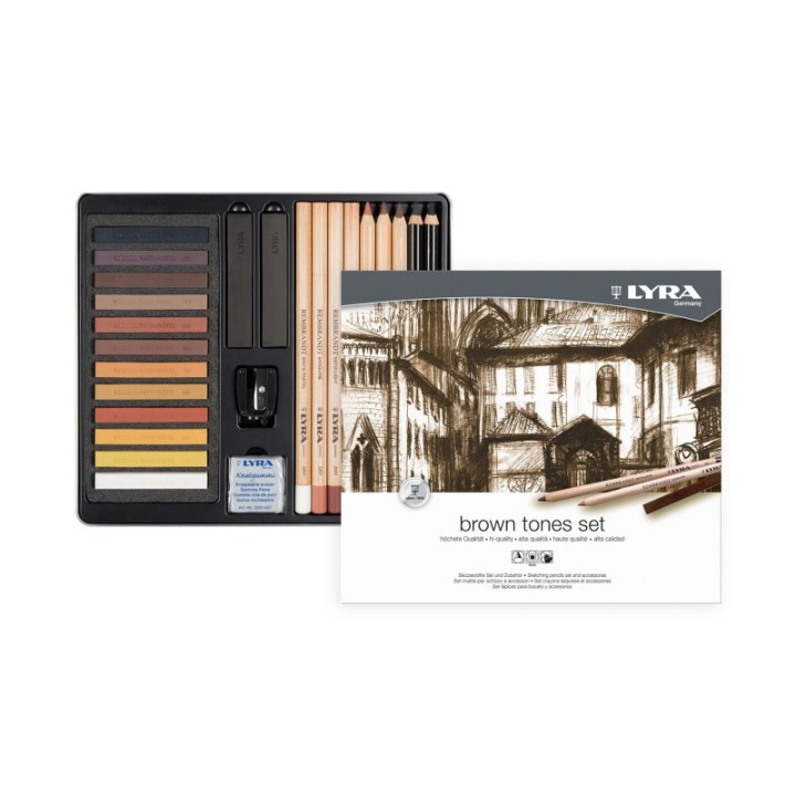 Lyra® Brown Tones Sketching Set Tin, Artist Pencils & Pastels, Assorted Colors, 25 Pieces