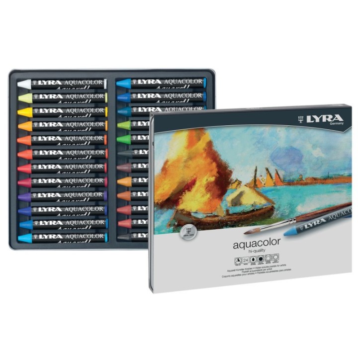 Lyra® Aquacolor Water Soluble Crayon Pastels Set Tin, Assorted Colors, 24 Pieces