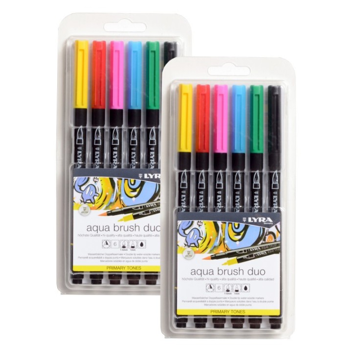 Lyra® Aqua Brush Duo Dual Tip Marker Set, Primary Assorted Colors, 6 Per Set, 2 Sets