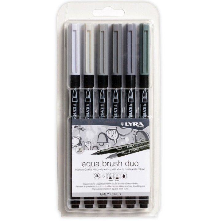 Lyra® Aqua Brush Duo Dual Tip Marker Set, Gray Assorted Colors, 6 Pieces
