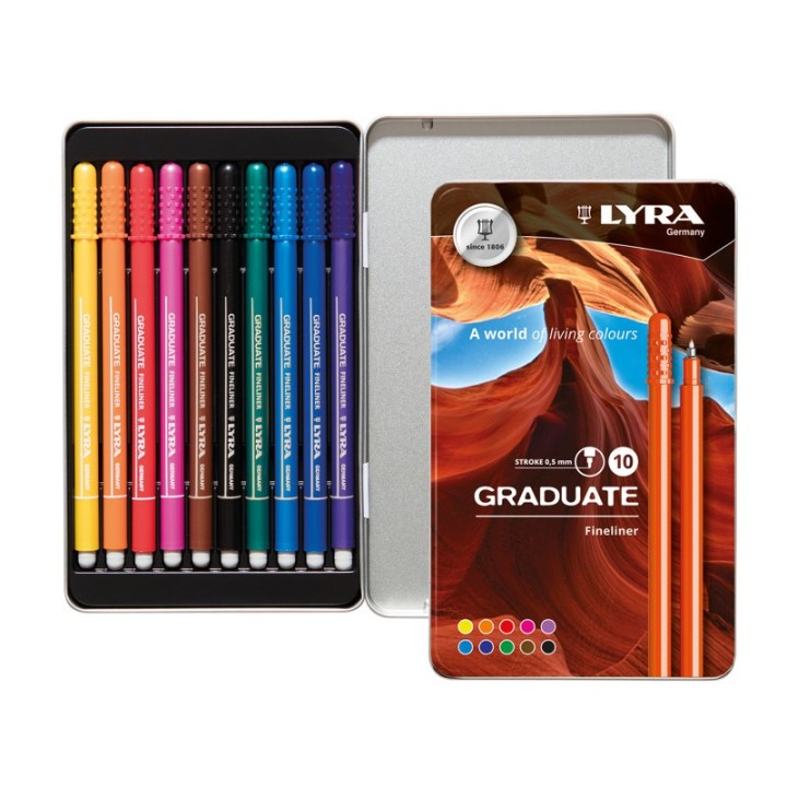 Lyra® Graduate Fineliner Marker Set Tin, Assorted Colors, 10 Pieces