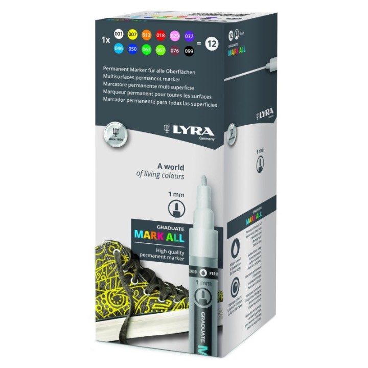 Lyra® Graduate Mark All Permanent Paint Markers Set, Assorted Colors, 1mm Small Tip, 12 Pieces