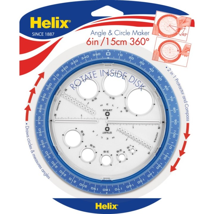 Helix® Angle & Circle Maker with Integrated Circle Templates, 360 Degree, 6 Inch/15cm, Assorted Colors