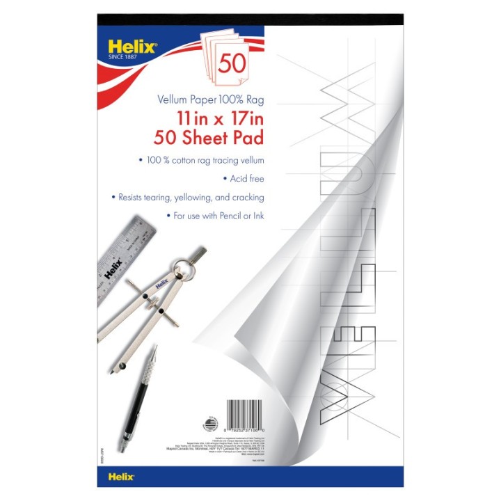 Helix® Vellum Paper Pad, 100% Rag, 11" x 17", 50 Sheets