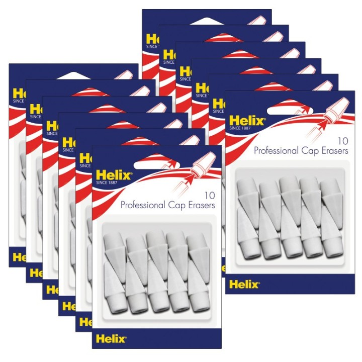 Helix® Professional Pencil Cap Erasers, White, 10 Per Pack, 12 Packs