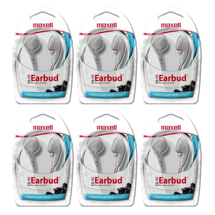 Maxell Budget Stereo Earbuds, White, Pack of 6