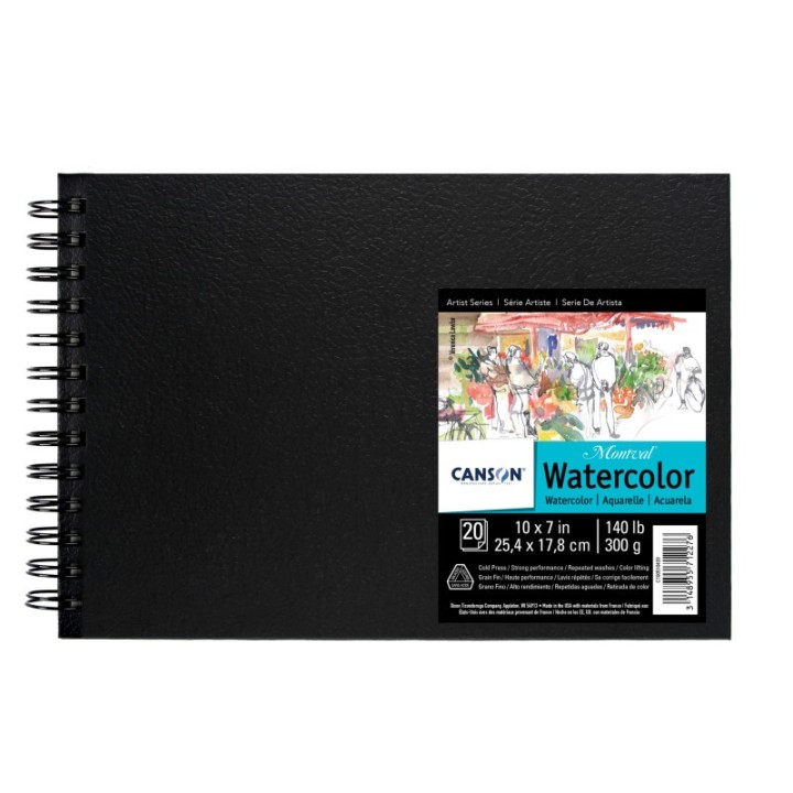 Canson Artist Series Montval Watercolor Art Book, Black Cover, Side Wire Binding, 20 Sheet, 10x7 inch, 1 Count