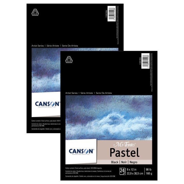 Canson Artist Series Mi-Teintes Pastel Pad, Black, Foldover Binding, 24 Sheet, 9x12 inch, Pack of 2