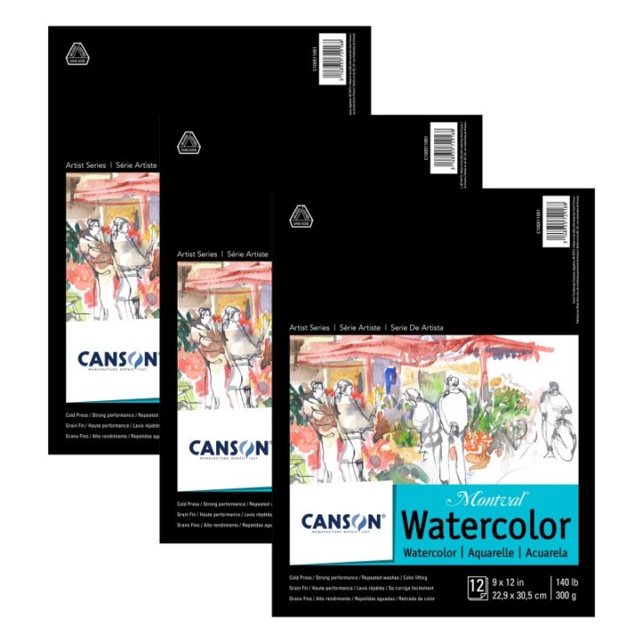 Canson Artist Series Montval Watercolor Pad, Foldover Binding, Foldover Binding, 12 Sheet, 9x12 inch, Pack of 3