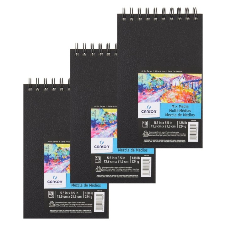 Canson Artist Series Mixed Media Art Book, Black Cover, Side Wire Binding, 40 Sheet, 14X21.6 inch, Pack of 3