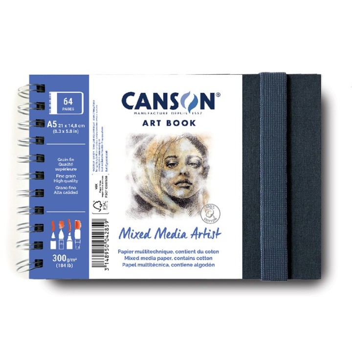 Canson Artist Series Mixed Media Art Book, Fabric Cover, Side Wire Binding, 56 Sheet, 8.3x5.8 inch