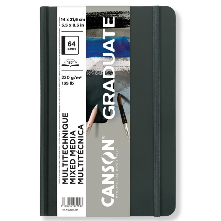 Canson Graduate Mixed Media Art Book, Toned Gray, Hard Cover Binding, 32 Sheet, 5.5x8.5 inch, 1 Count