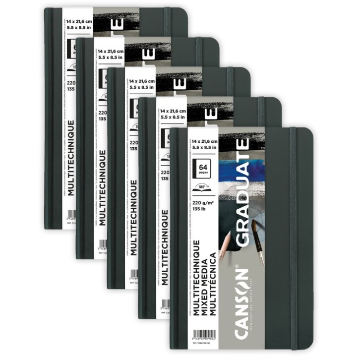 Canson Graduate Mixed Media Art Book, Toned Gray, Hard Cover Binding, 32 Sheet, 5.5x8.5 inch, Pack of 5