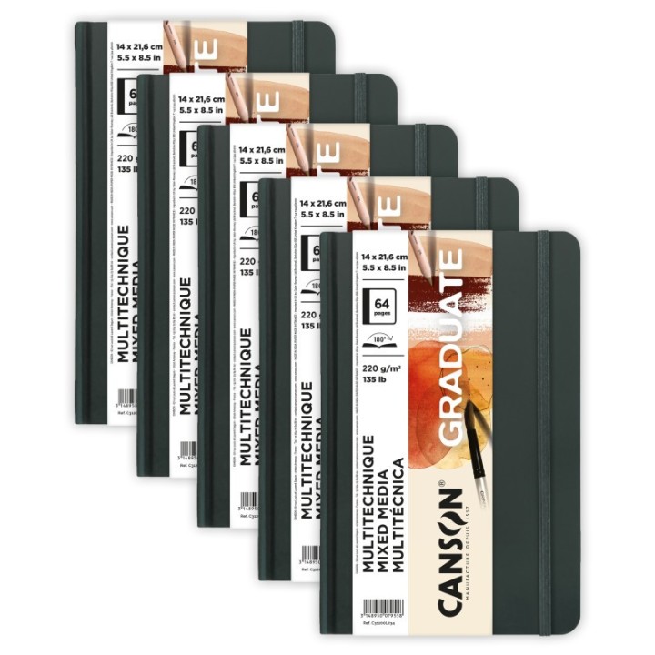 Canson Graduate Mixed Media Art Book, Toned Natural, Hard Cover Binding, 32 Sheet, 5.5x8.5 inch, Pack of 5