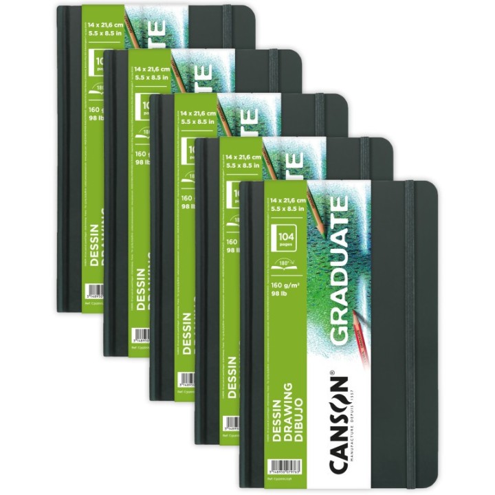 Canson Graduate Drawing Art Book, Hard Cover Binding, 52 Sheet, 5.5x8.5 inch, Pack of 5