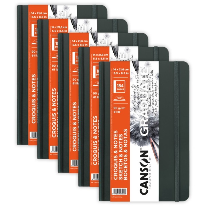Canson Graduate Sketch & Notes Art Book, Dark Gray, Hard Cover Binding, 92 Sheet, 5.5x8.5 inch, Pack of 5