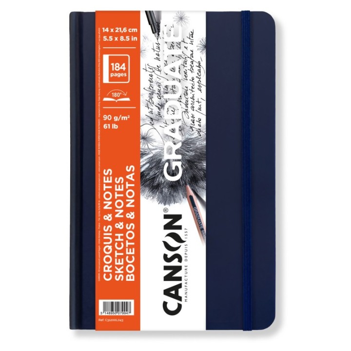 Canson Graduate Sketch & Notes Art Book, Dark Blue, Hard Cover Binding, 92 Sheet, 5.5x8.5 inch, 1 Count