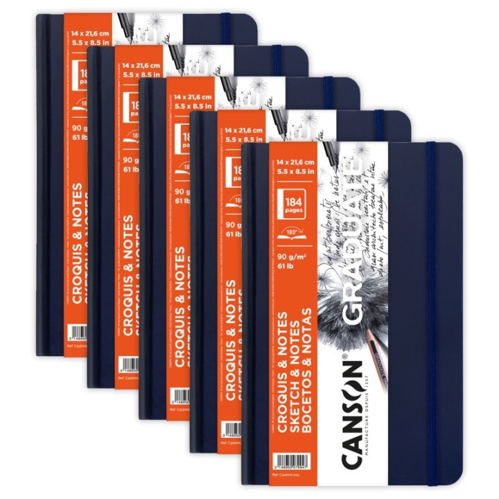 Canson Graduate Sketch & Notes Art Book, Dark Blue, Hard Cover Binding, 92 Sheet, 5.5x8.5 inch, Pack of 5