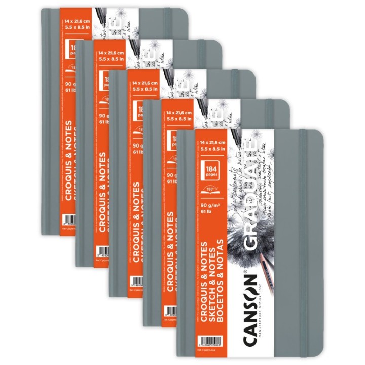Canson Graduate Sketch & Notes Art Book, Light Gray, Hard Cover Binding, 92 Sheet, 5.5x8.5 inch, Pack of 5