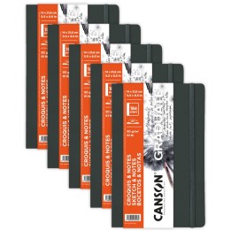 Canson Graduate Sketch & Notes Art Book, Dark Gray, Soft Cover Binding, 92 Sheet, 5.5x8.5 inch, Pack of 5