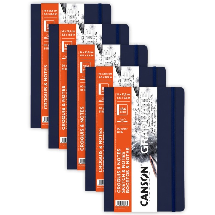 Canson Graduate Sketch & Notes Art Book, Dark Blue, Soft Cover Binding, 92 Sheet, 5.5x8.5 inch, Pack of 5