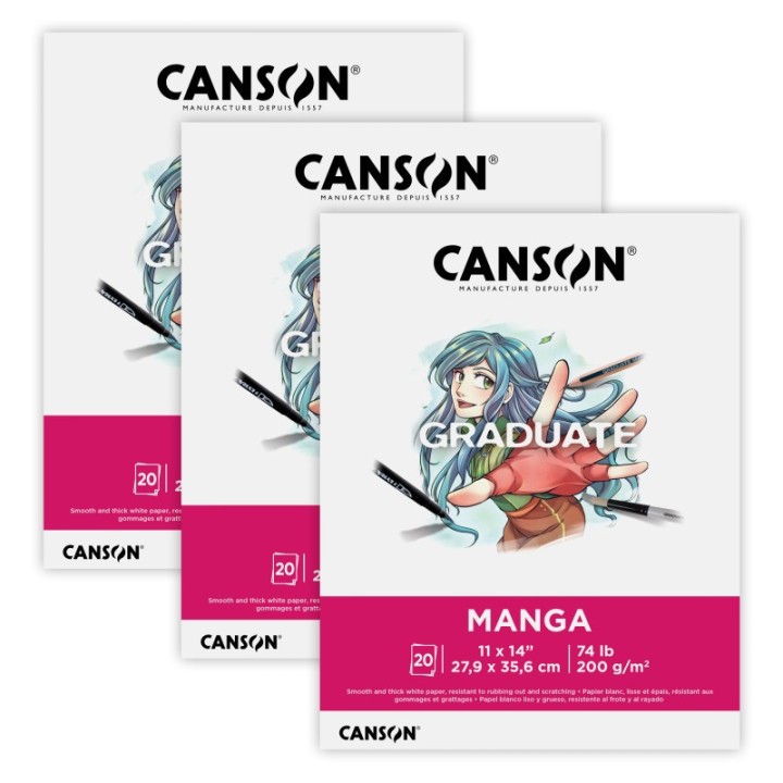 Canson Graduate Manga Pad, Foldover Binding, 20 Sheet, 11x14 inch, Pack of 3