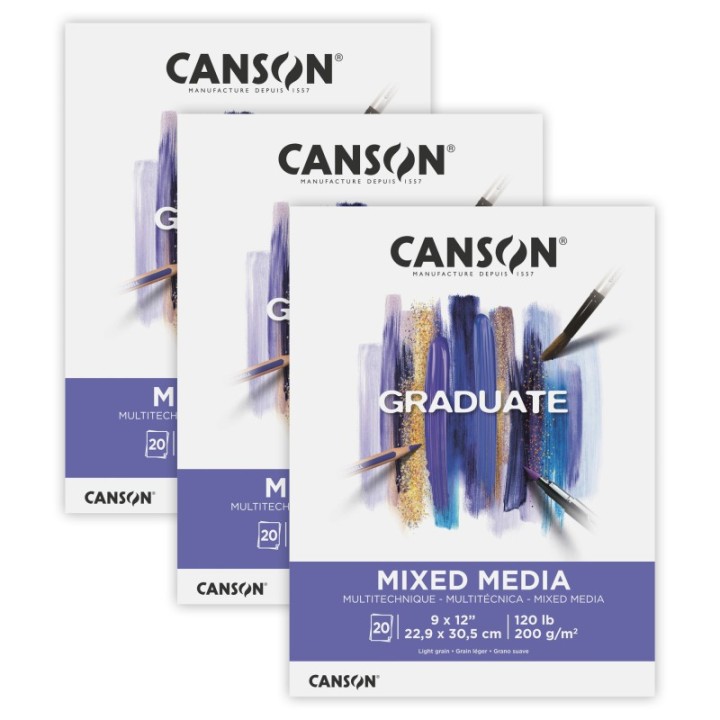 Canson Graduate Mixed Media Pad, Foldover Binding, 20 Sheet, 9x12 inch, Pack of 3