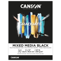 Canson Graduate Mixed Media Pad, Black, Foldover Binding, 12 Sheet, 9x12 inch, 1 Count