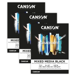 Canson Graduate Mixed Media Pad, Black, Foldover Binding, 12 Sheet, 9x12 inch, Pack of 3