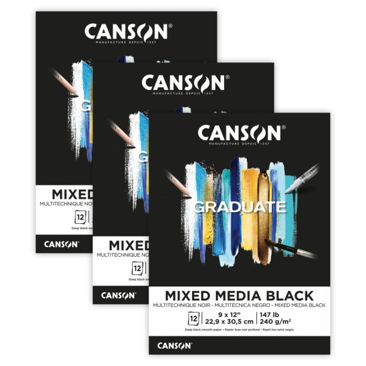 Canson Graduate Mixed Media Pad, Black, Foldover Binding, 12 Sheet, 9x12 inch, Pack of 3