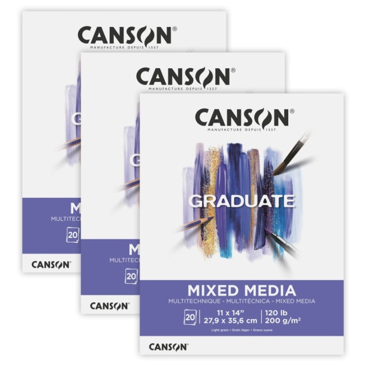 Canson Graduate Mixed Media Pad, Foldover Binding, 20 Sheet, 11x14 inch, Pack of 3