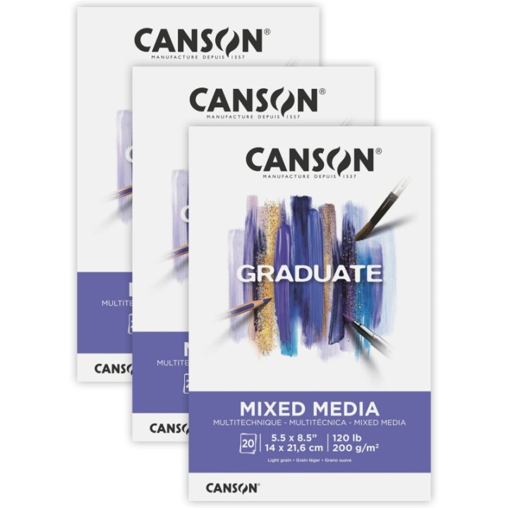 Canson Graduate Mixed Media Pad, Foldover Binding, 20 Sheet, 5.5x8.5 inch, Pack of 3