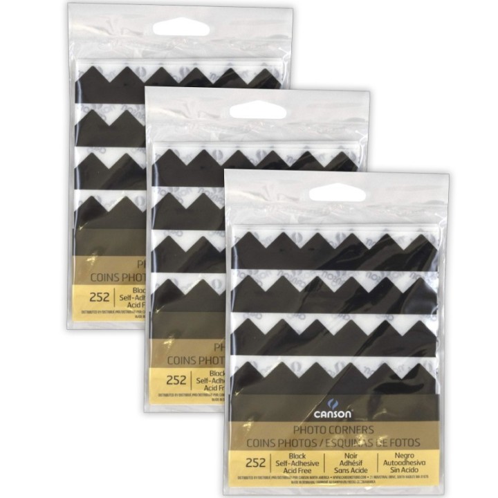 Canson Self Adhesive Photo Corners, Black, 252 Pieces Per Pack, 3 Packs