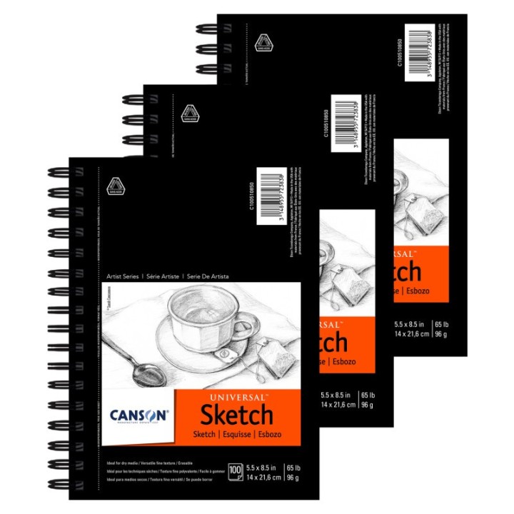 Canson Artist Series Universal Sketch Pad, Side Wire Binding, 100 Sheet, 5.5x8.5 inch, Pack of 3