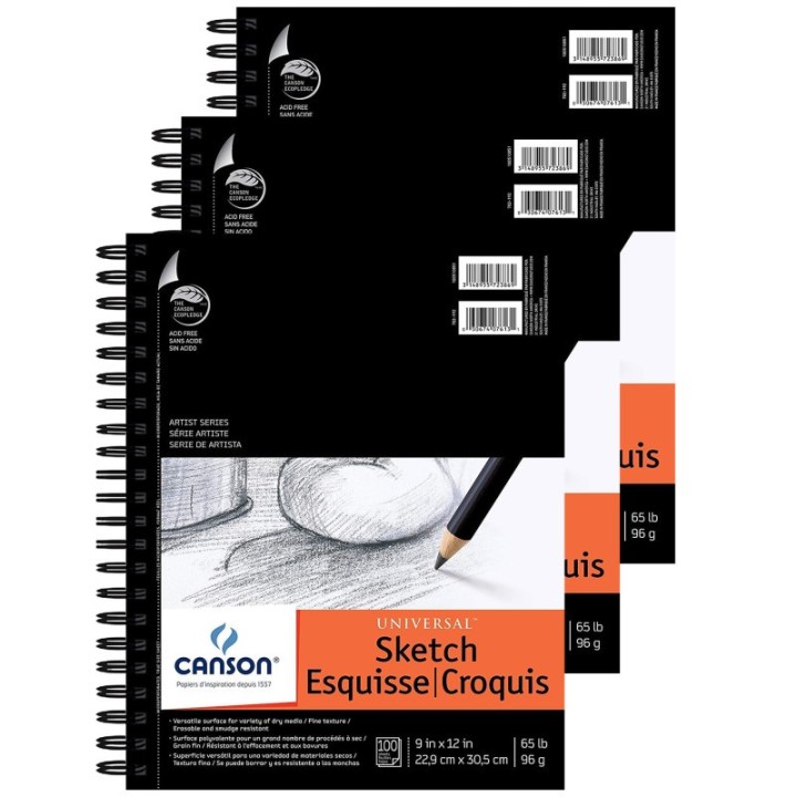 Canson Artist Series Universal Sketch Pad, Side Wire Binding, 100 Sheet, 9x12 inch, Pack of 3