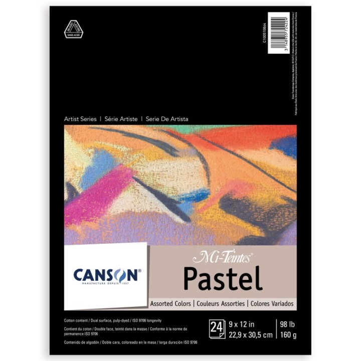 Canson Artist Series Mi-Teintes Pastel Pad, Assorted Colors, Foldover Binding, 24 Sheet, 9x12 inch, 1 Count