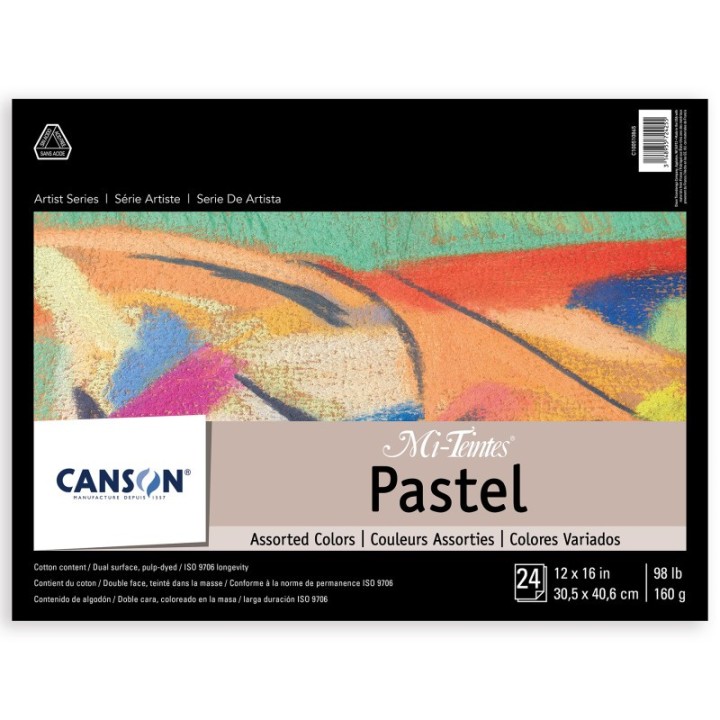 Canson Artist Series Mi-Teintes Pastel Pad, Assorted Colors, Foldover Binding, 24 Sheet, 12x16 inch, 1 Count