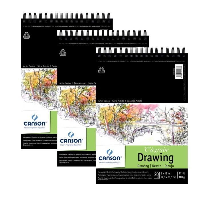 Canson Artist Series C à Grain Drawing Pad, Top Wire Binding, 20 Sheet, 9x12 inch, Pack of 3